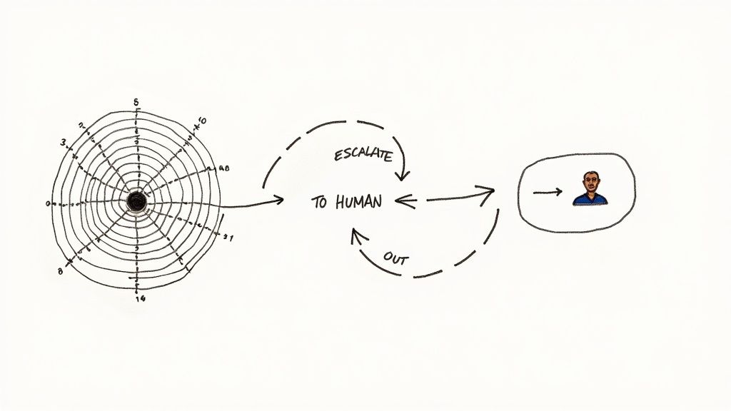 Diagram showing IVR call center escalation flow from automated system to human agent