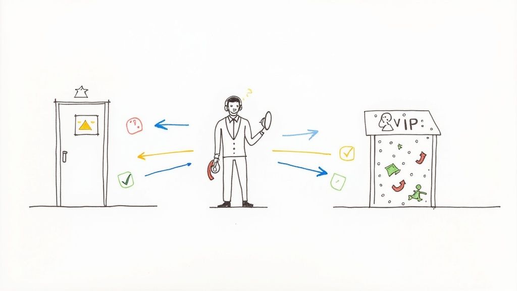 Illustration of a man with headphones screening interactions between a standard door and a VIP area.