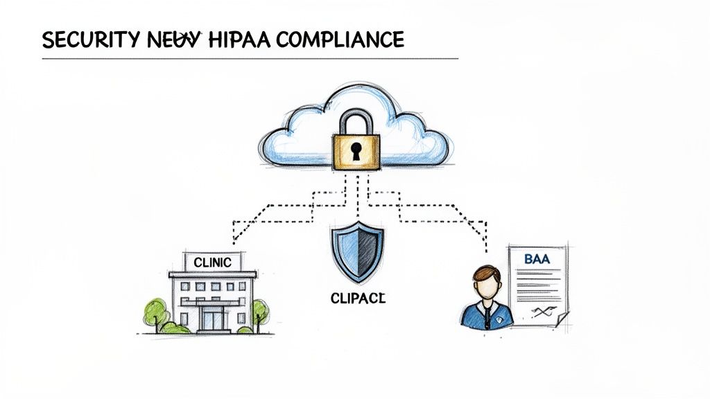Secure cloud data management for HIPAA compliance, linking clinics, CLIPACE, and BAA agreements.