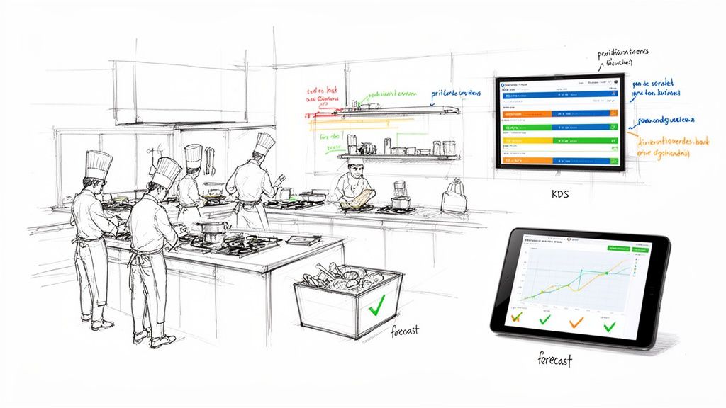 A modern kitchen sketch depicts chefs cooking, with a KDS screen showing orders and a tablet displaying a forecast graph.