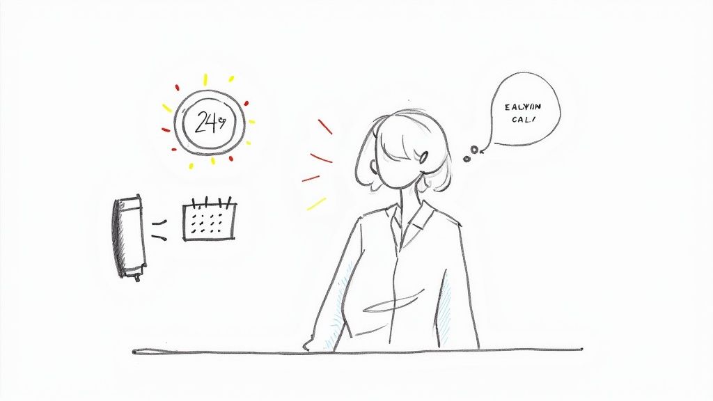 A professional woman wearing a headset and smiling while working at her desk, representing a business answering phone service agent.