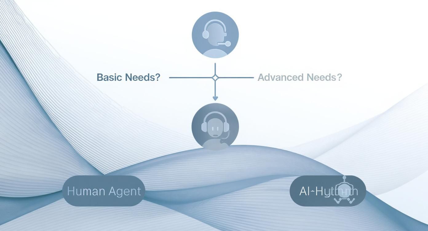 A flowchart illustrating customer support queries being directed based on basic or advanced needs.