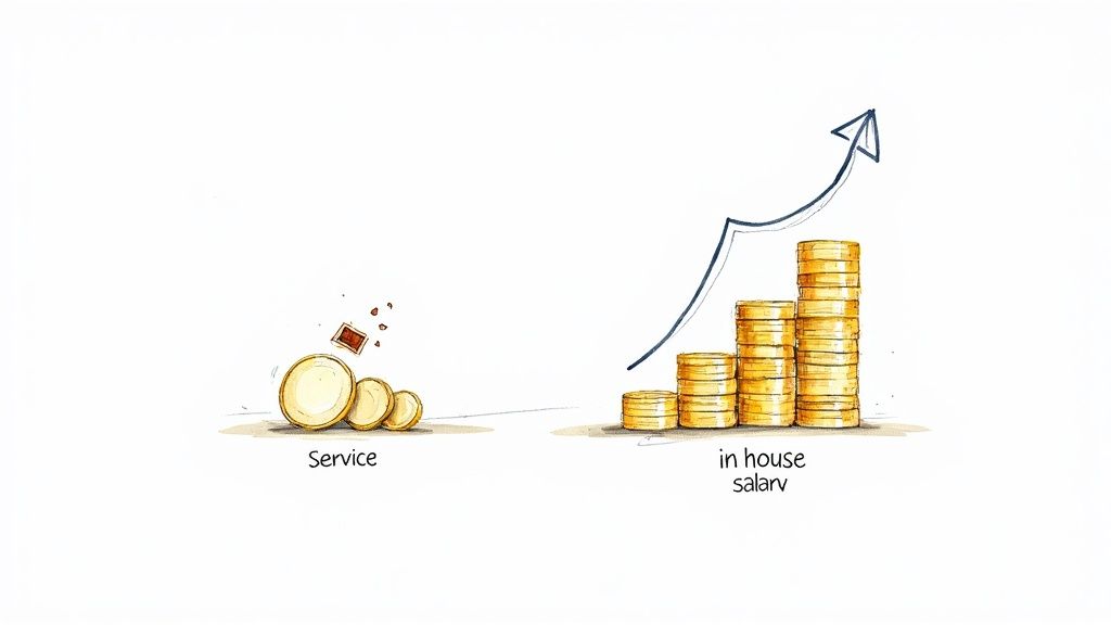 Comparison showing service costs versus in-house salary with stacked coins and upward growth arrow