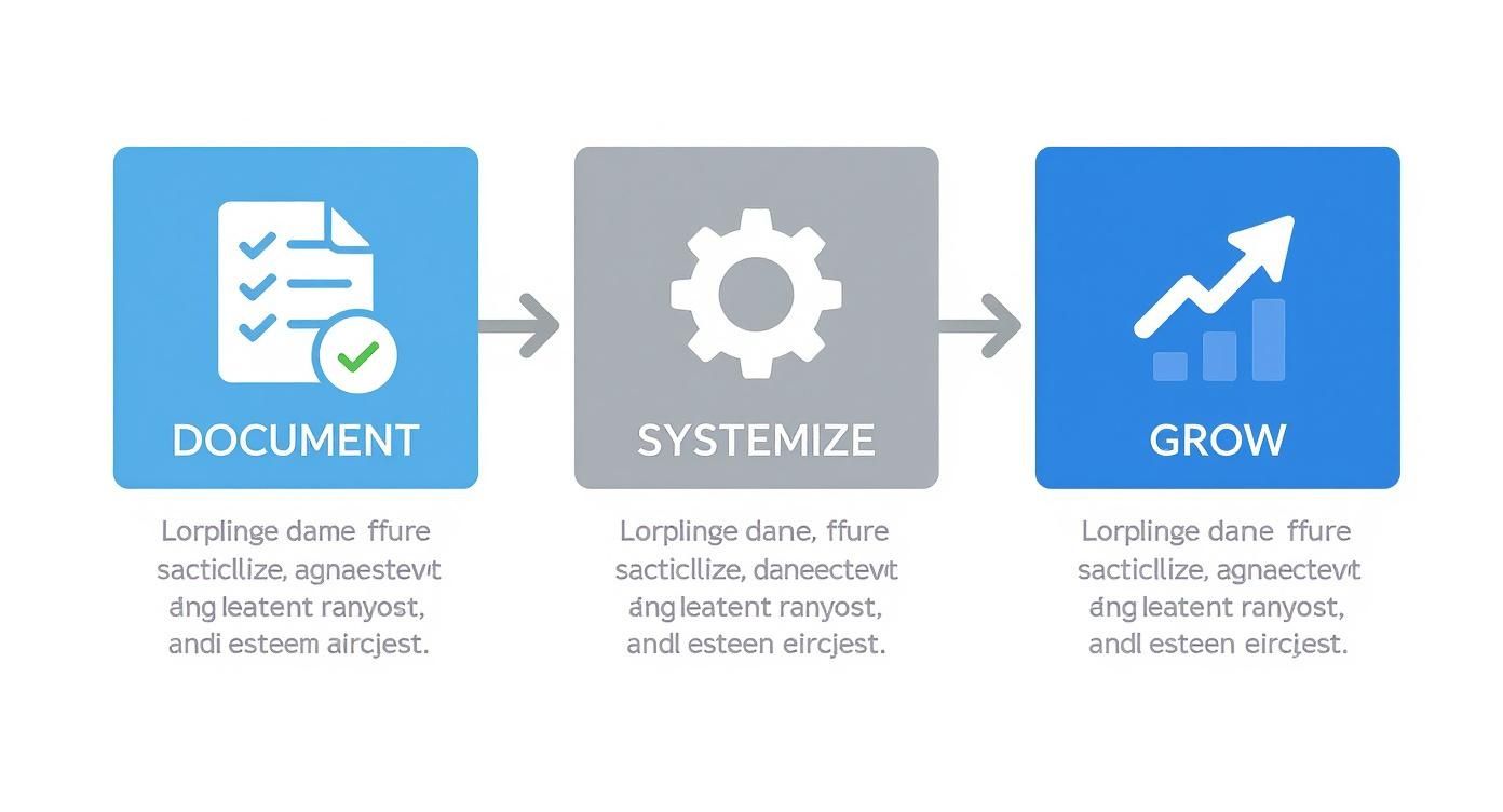 Three-step process flow showing document, systemize, and grow stages for business scaling.