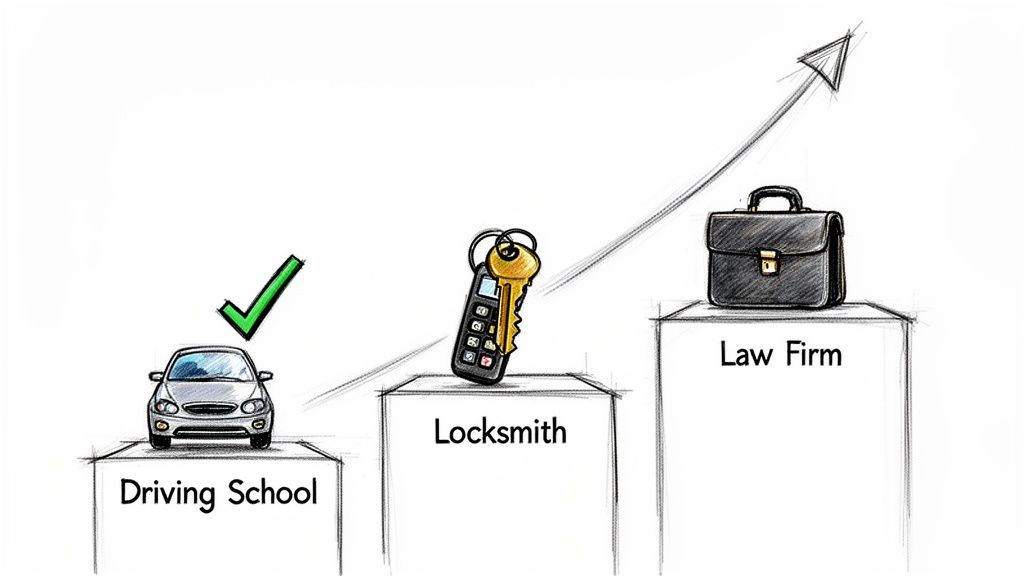 Illustration: car, key, and briefcase on pedestals for Driving School, Locksmith, Law Firm, showing progression.