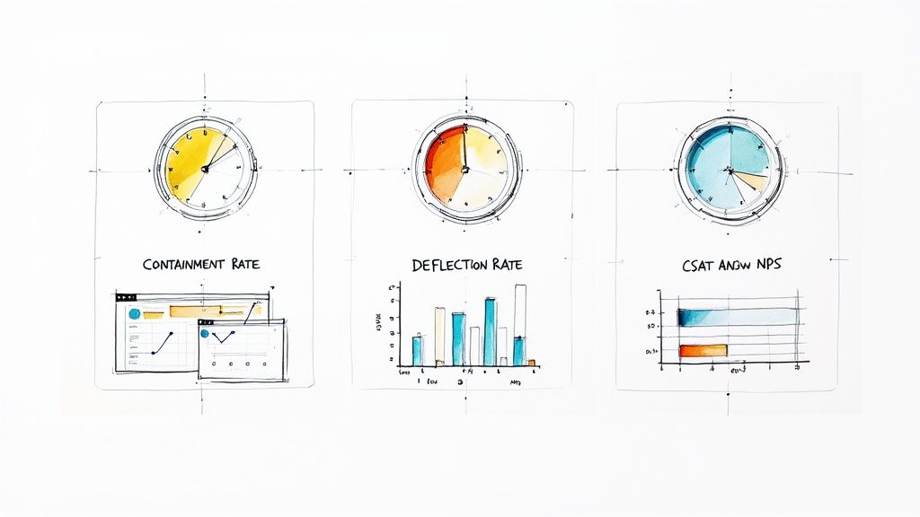 A dashboard showing customer service automation metrics like CSAT scores and containment rates.