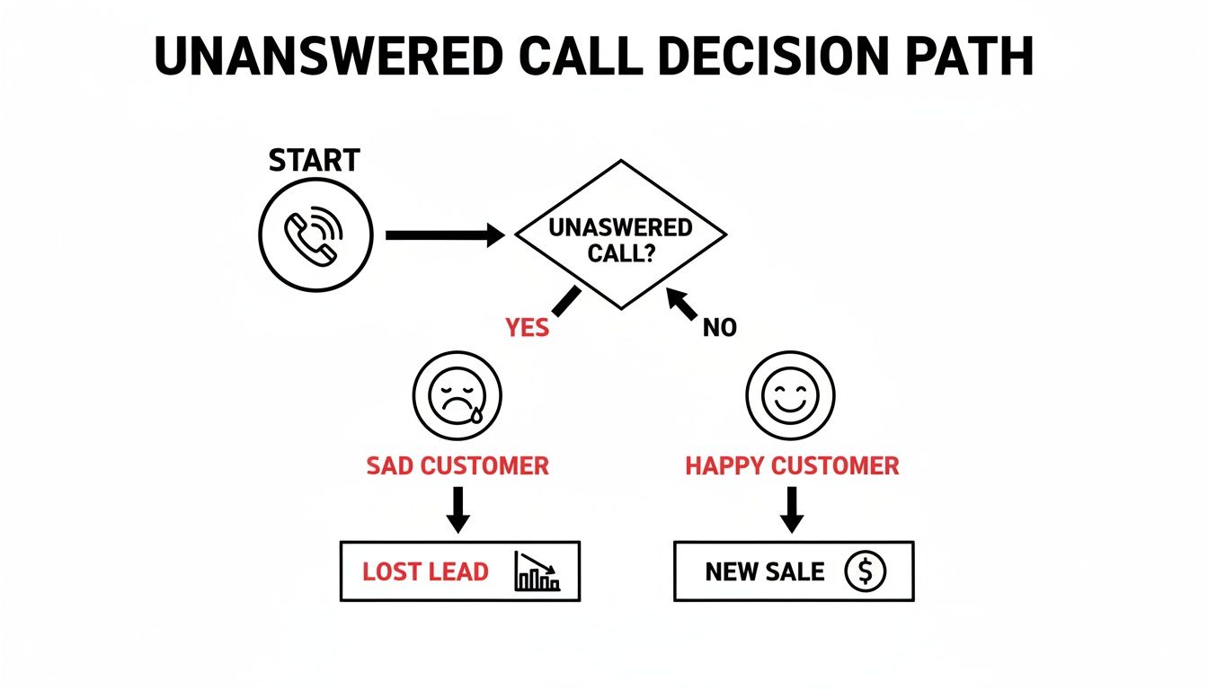 Decision path flowchart illustrating how unanswered calls result in lost leads and sad customers.