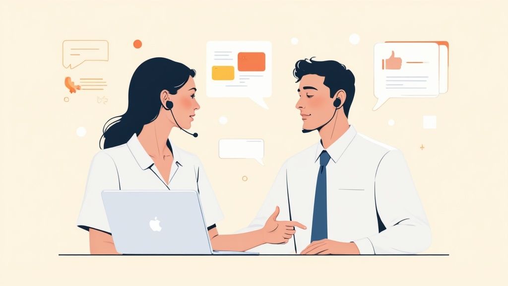 A professional answering a phone call with a headset in a modern office environment, symbolizing professional phone etiquette.