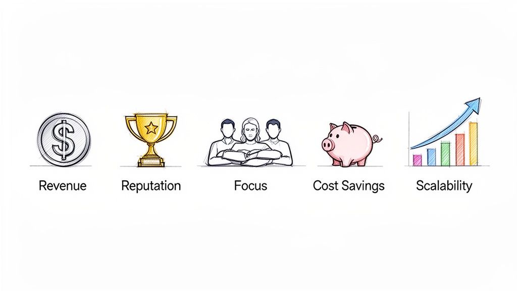 Icons representing key business benefits: revenue, reputation, focus, cost savings, and scalability.
