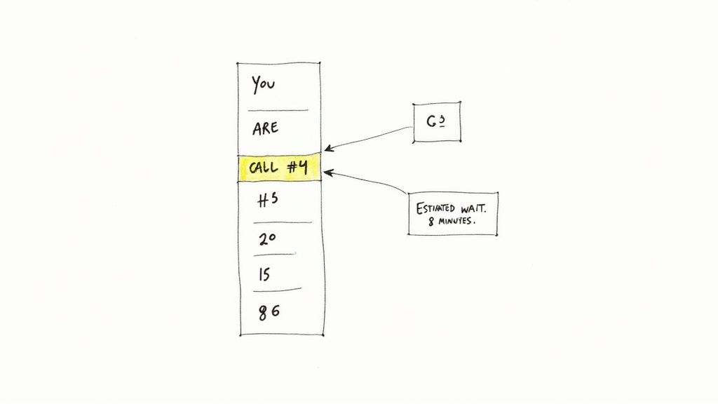 A hand-drawn diagram illustrating a call queue with "CALL #4" highlighted, indicating an 8-minute wait.