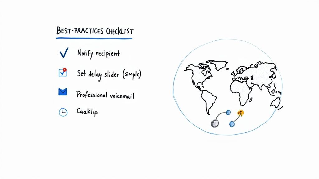 A checklist for best practices in communication, including notifying recipients and setting delays, alongside a world map showing data flow.