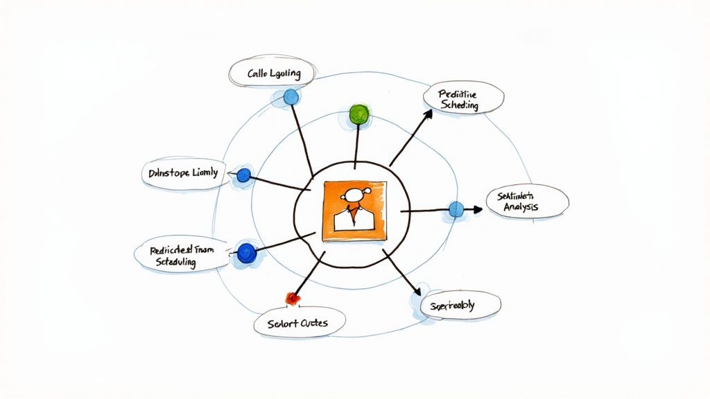 An abstract visual representing AI and automation with connected nodes and data streams.