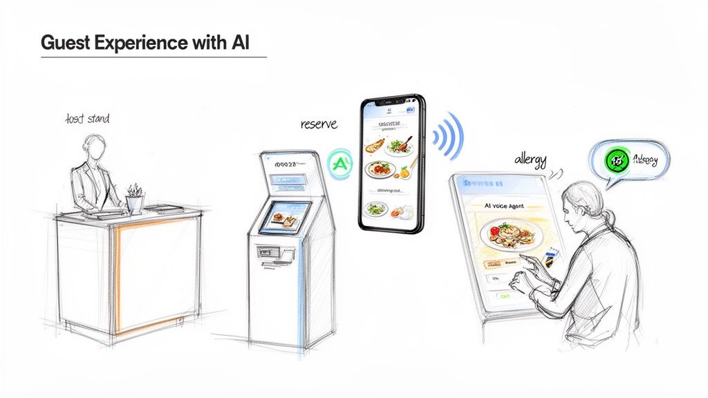 Sketches showing AI improving restaurant guest services like reservations, menu browsing, and allergy checks.