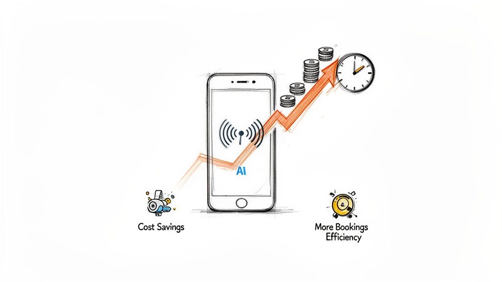 AI on a smartphone boosts cost savings and booking efficiency, leading to increased money and time.