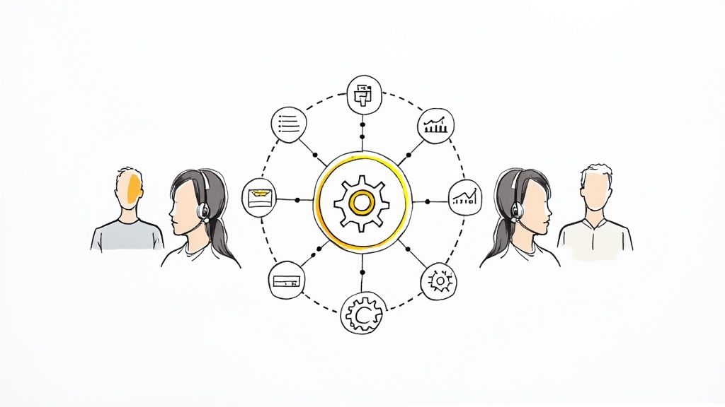 Illustration of a central gear system connecting call center support staff, customers, and business operations.