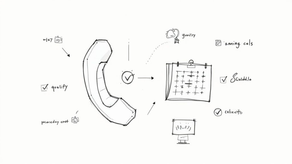 Hand-drawn diagram illustrating a lead generation workflow, connecting phone calls to scheduling and tasks.