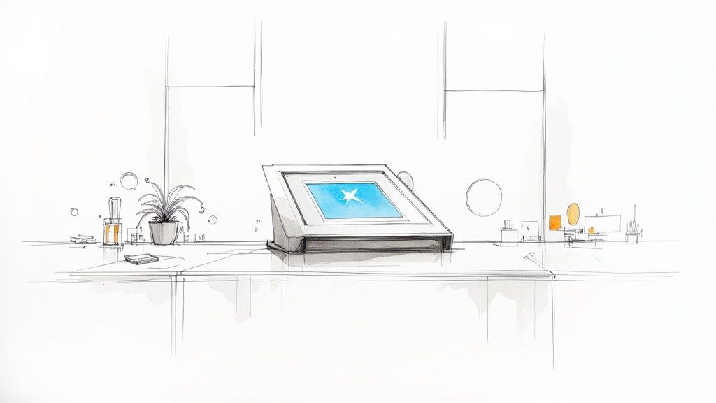 A modern virtual front desk setup in a bright office lobby.