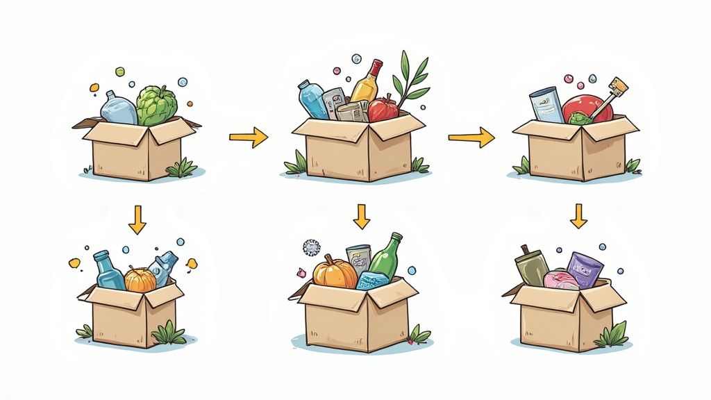 A friendly business owner handing a product to a smiling, loyal customer inside a store.