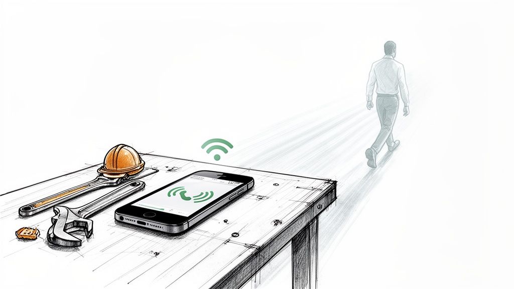 Illustration of a ringing phone and tools on a workbench, with a man walking away.