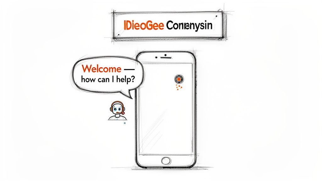 Whiteboard animation of a smartphone with a 'Welcome' greeting and a customer service agent.