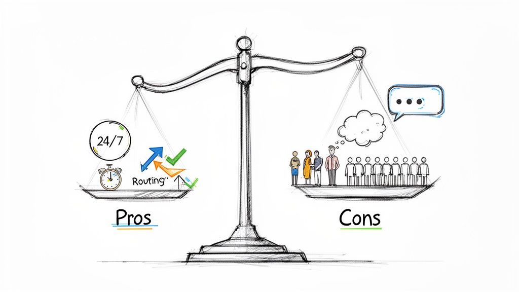 A hand-drawn balance scale comparing pros like 24/7 routing with cons like communication challenges.