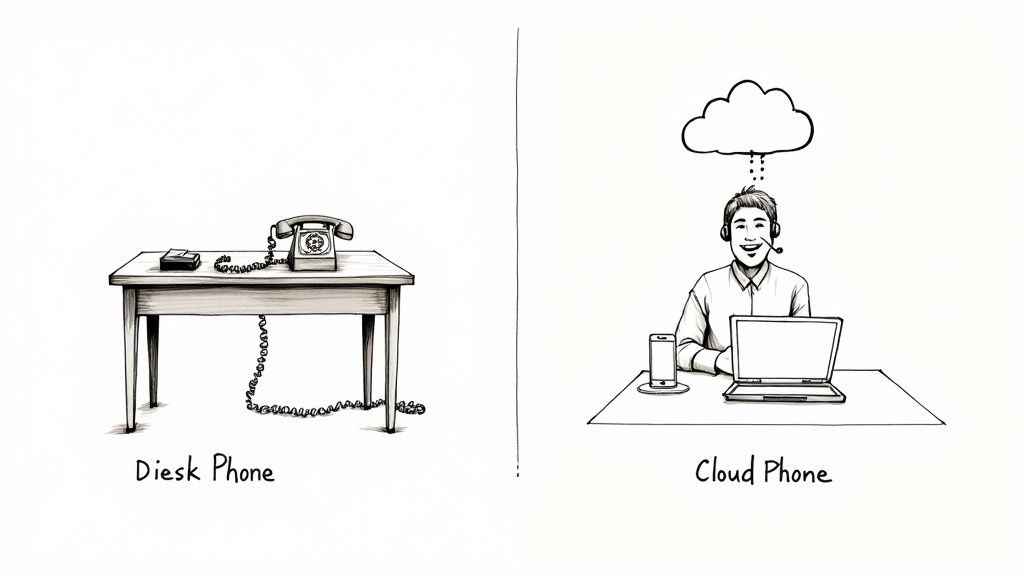 An illustration comparing an old rotary desk phone to a modern cloud phone setup with a person, laptop, and smartphone.