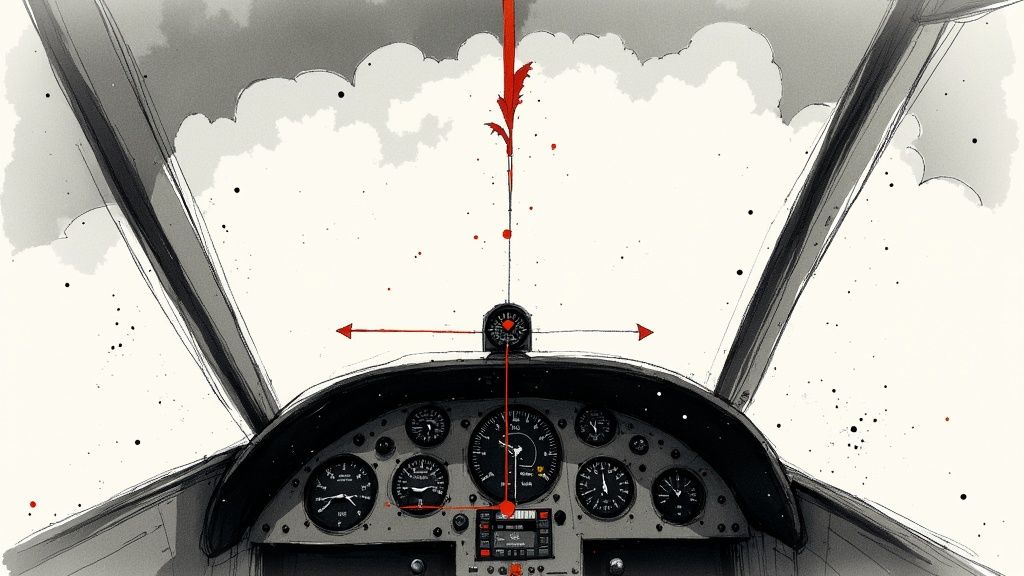 Artistic rendering of a cockpit interior with gauges, red directional arrows, and clouds in a sketch style.