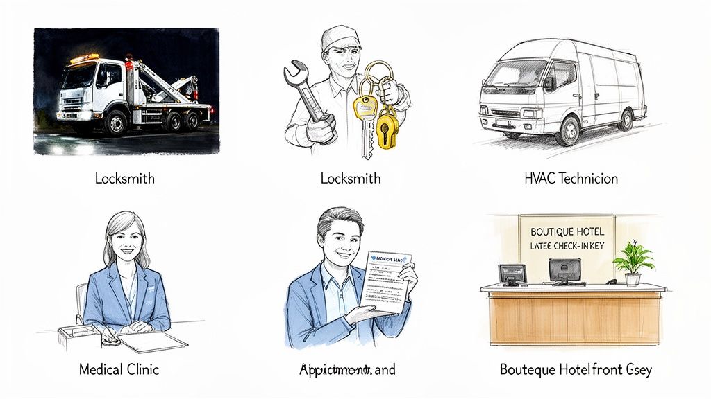 Illustrations of various after-hours service providers: tow truck, locksmith, HVAC, medical clinic, hotel desk.