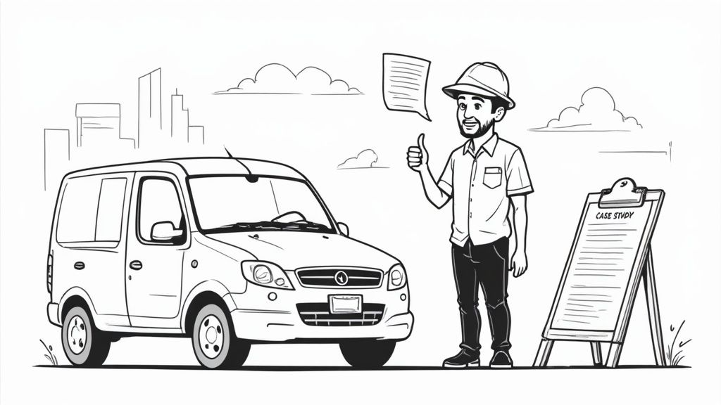 An HVAC technician collaborating with a customer service agent on a tablet.