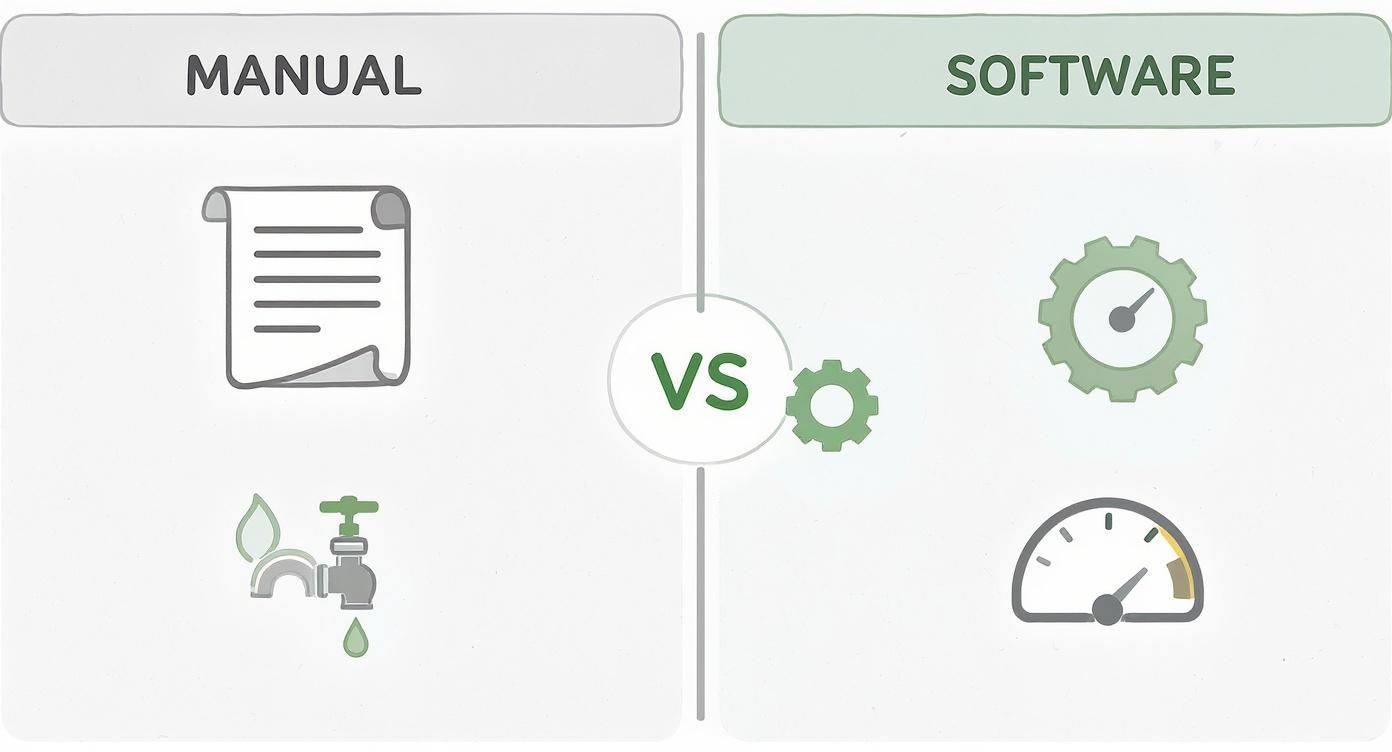 Infographic comparing a manual, wasteful locksmith dispatch process to a controlled, efficient software-based one.