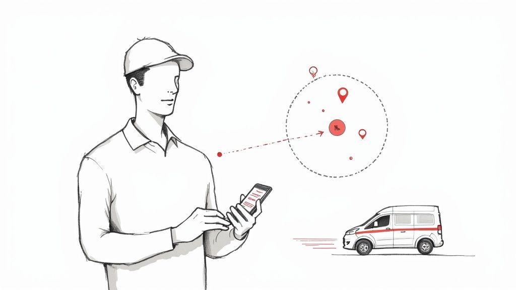 A locksmith using a smartphone to manage a job, with a work van in the background.