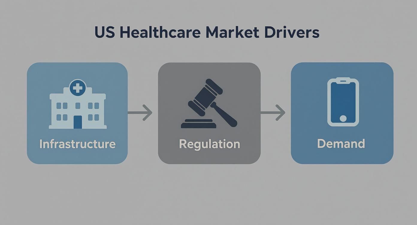 Infographic showing the process flow of US Healthcare Market Drivers from Infrastructure, to Regulation, to Demand.