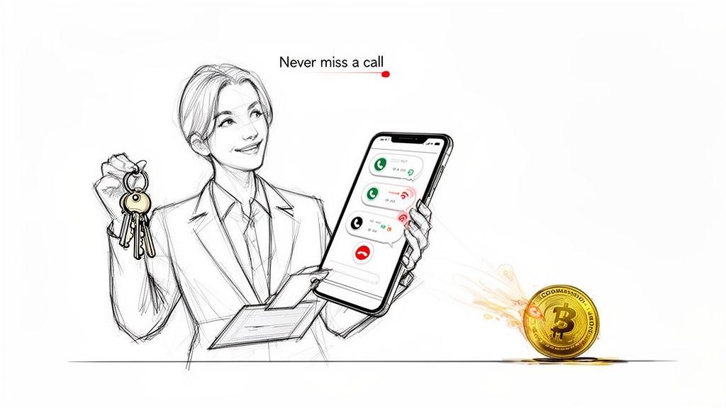 A person holds house keys and a smartphone showing multiple calls, with 'Never miss a call' text and a Bitcoin.