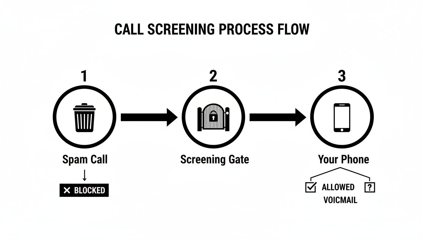 Call screening process flow diagram showing calls are blocked, screened, or sent to phone/voicemail.