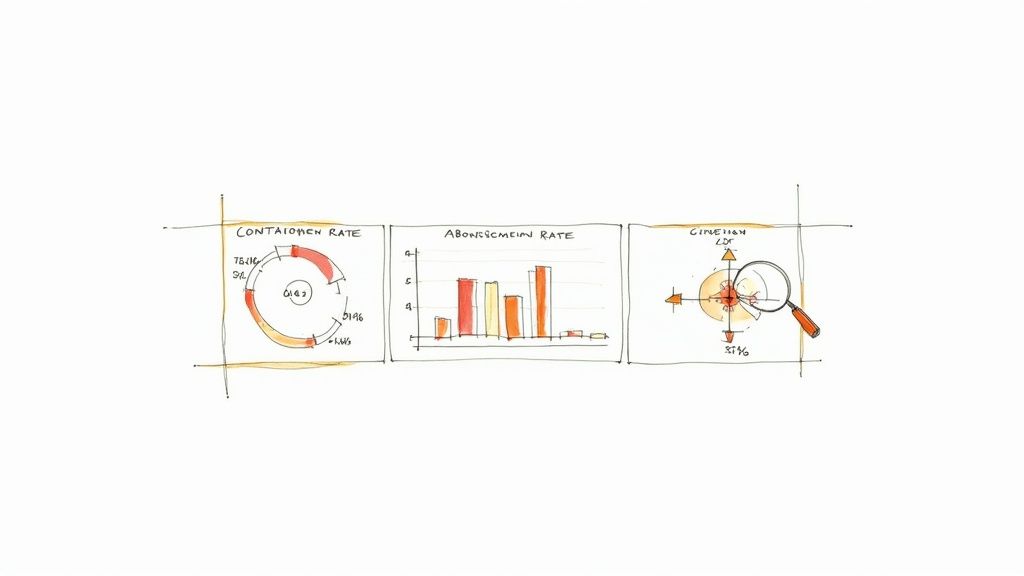 Hand-drawn sketch of three charts displaying business metrics like rates and focused analysis.