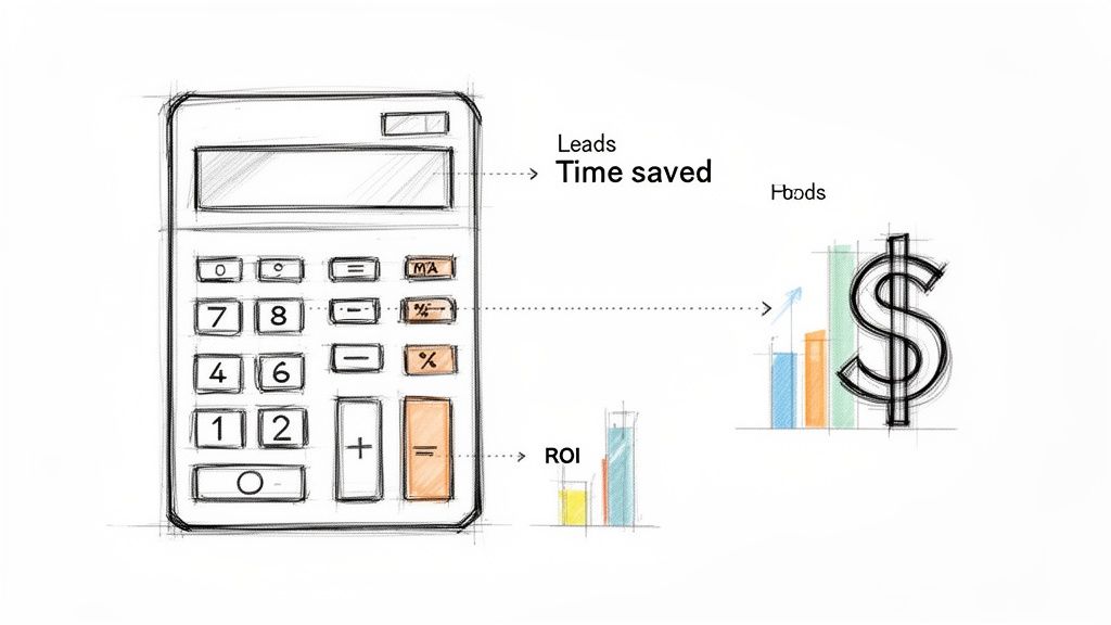 Illustration of a calculator connected to business outcomes: leads, time saved, financial growth, and ROI.