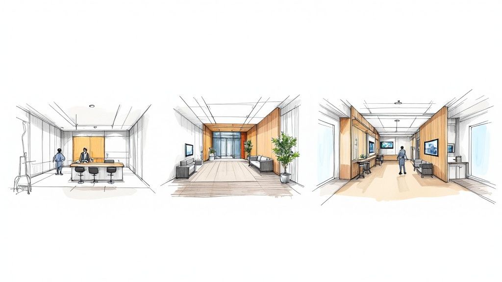 A patient interacting with a virtual front desk kiosk in a modern medical clinic waiting room.