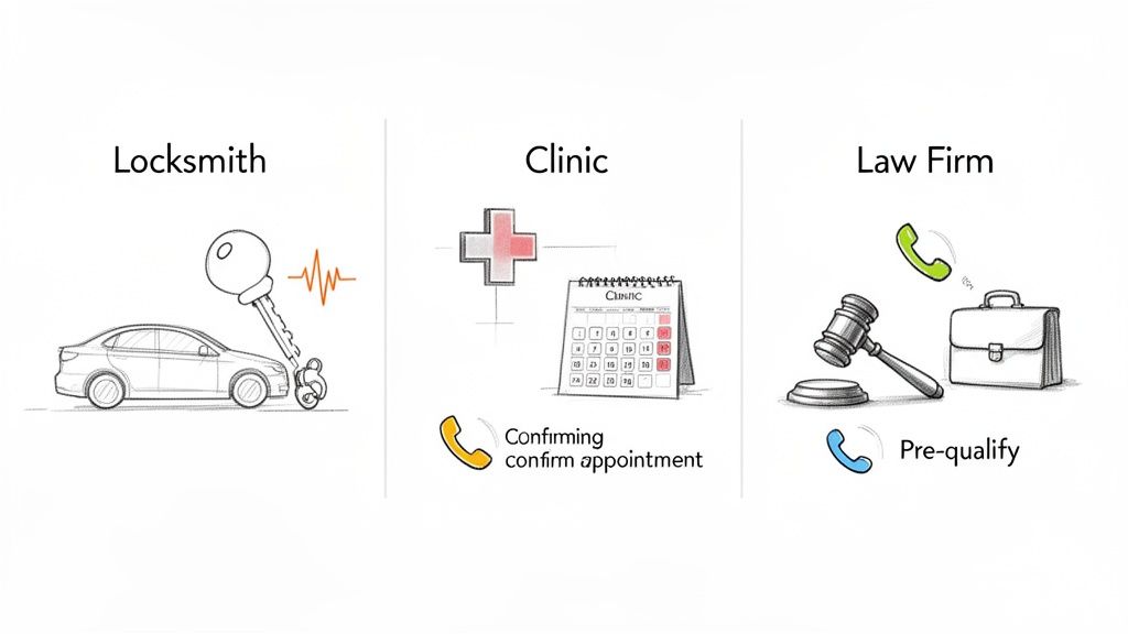 Illustrates various business scenarios like locksmith, clinic, and law firm, possibly using automated phone calls.