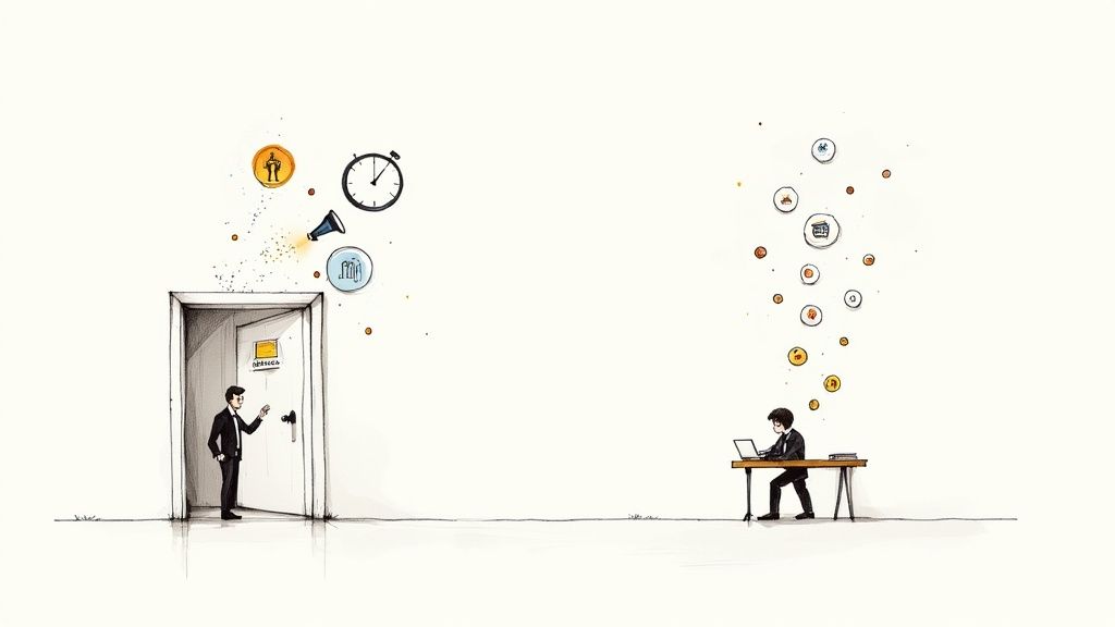 Illustration contrasting opportunities knocking at a door with productive work generating ideas and value.