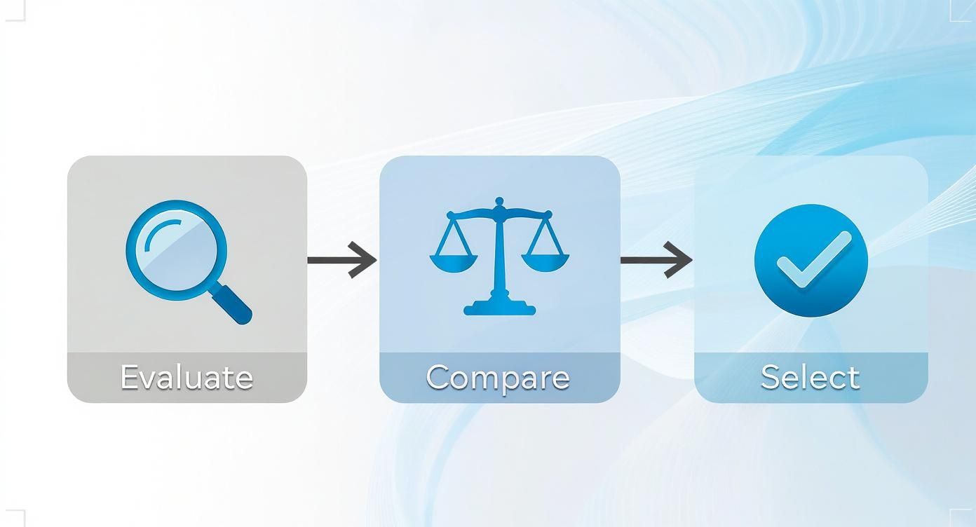Infographic showing the process of choosing a business answering service, with steps for evaluating, comparing, and selecting a provider.