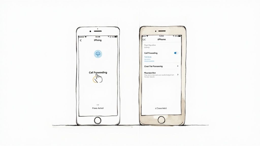 Two hand-drawn iPhones demonstrating settings for call forwarding, showing options to enable or disable the feature.