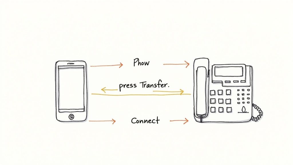 Diagram illustrating the process of transferring a call between a smartphone and a desk phone.