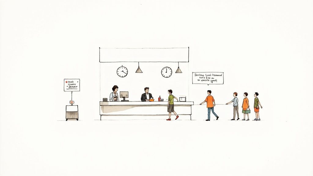 People waiting in line at a service counter, illustrating customer service and queue management.