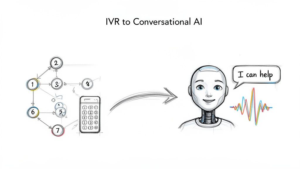 An illustration depicting the transformation from an IVR flowchart and keypad to a friendly Conversational AI.