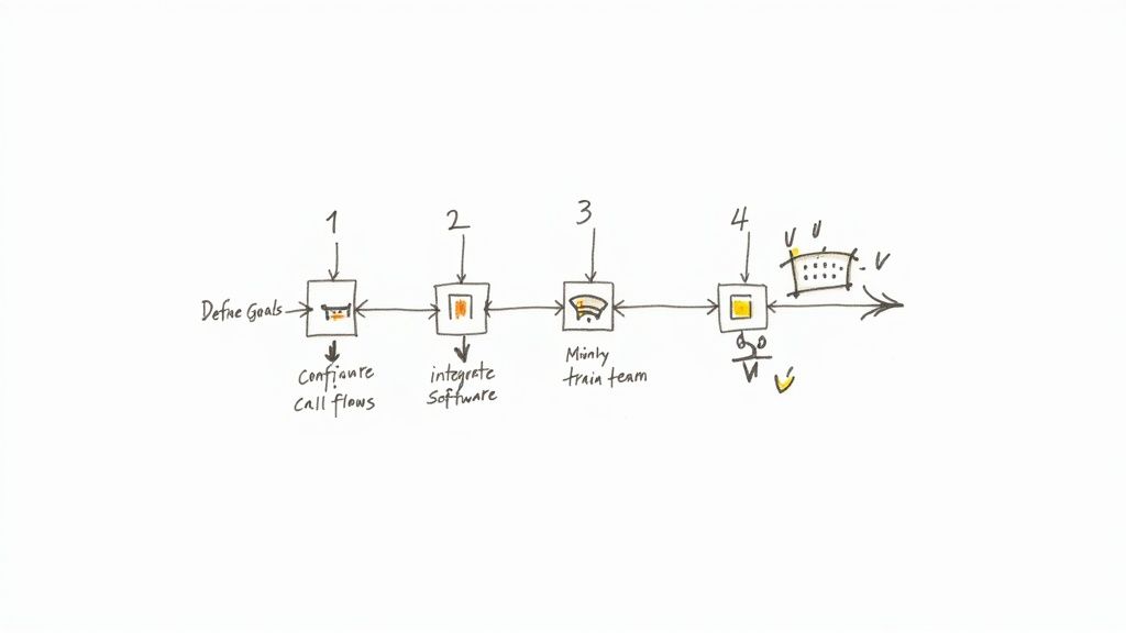 A hand-drawn flowchart illustrating a four-step business process with inputs and outputs.