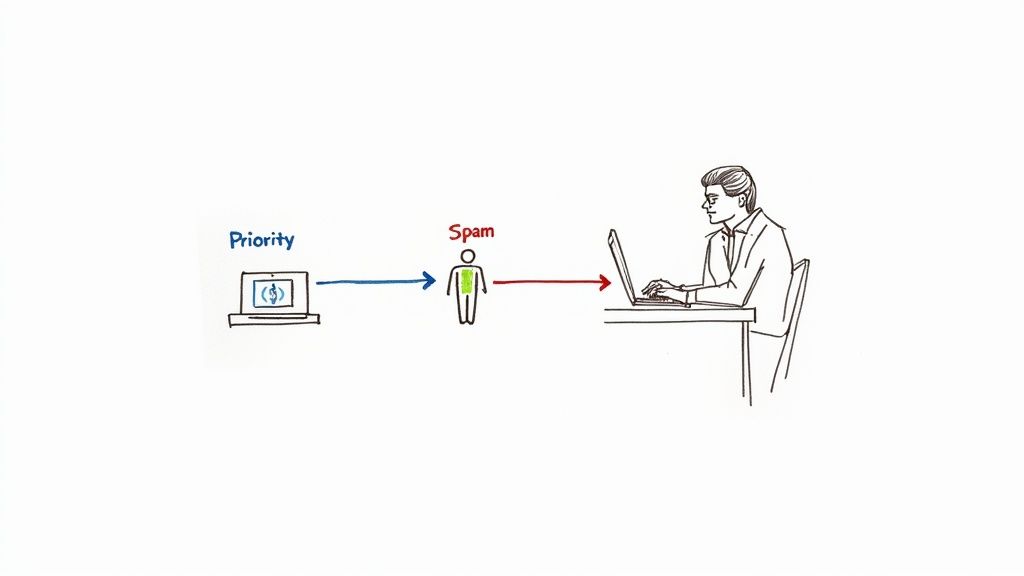 Diagram illustrating priority messages and spam reaching a user typing on a laptop.