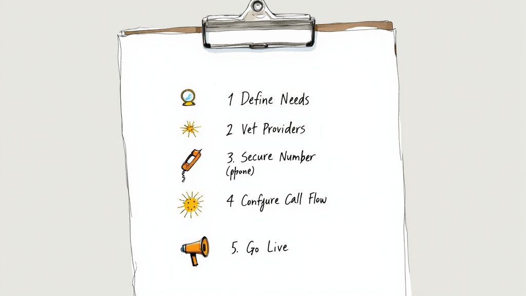 A hand-drawn checklist on a clipboard outlining five steps for setting up a virtual office telephone service.