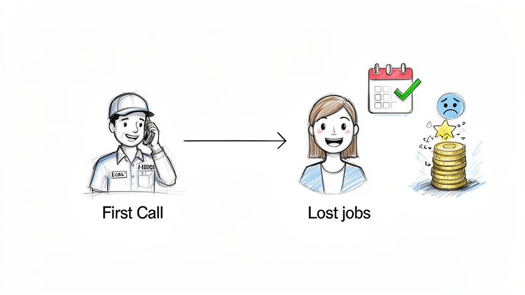 Illustration of a service worker on a first call leading to a frustrated customer and lost money.