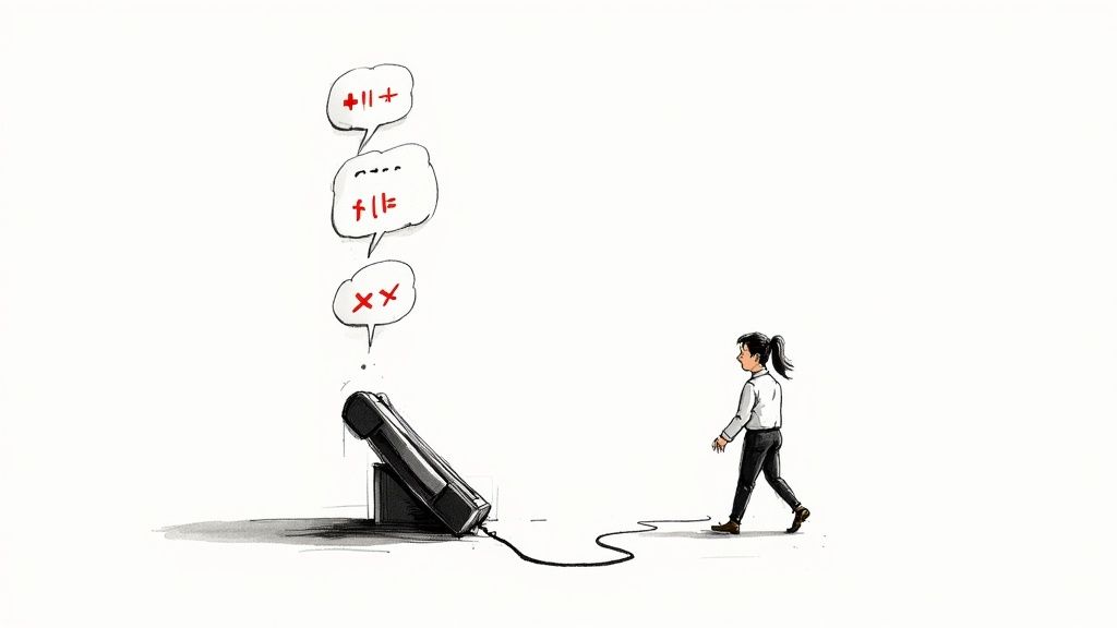 A person walks away from a landline phone emitting thought bubbles with communication error symbols.