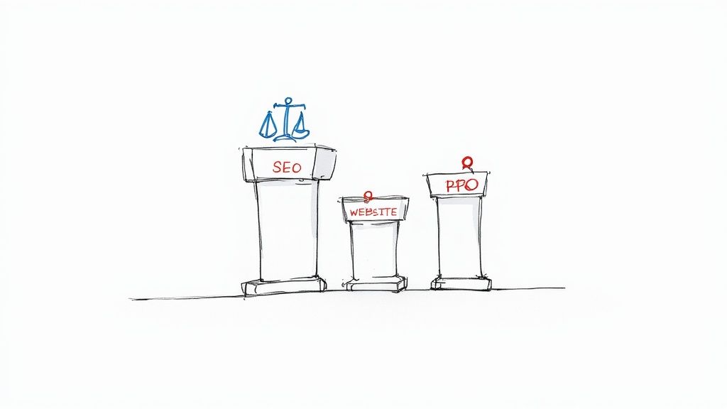 Diagram showing three pillars representing SEO, WEBSITE, and PPO strategies with scales of justice on SEO.